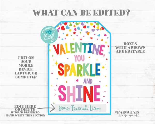 Sparkle and Shine Valentine, Valentine's Day Tag, Preschool Classroom Exchange Shiny Printable Non-Candy Digital Download