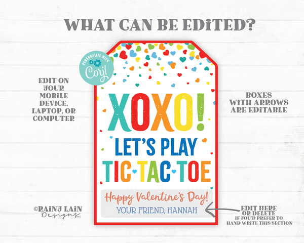 Tic-Tac-Toe Valentine Tags, Tic Tac Toe Game Valentine, XOXO, Classmate, Preschool, Classroom, Non-Candy