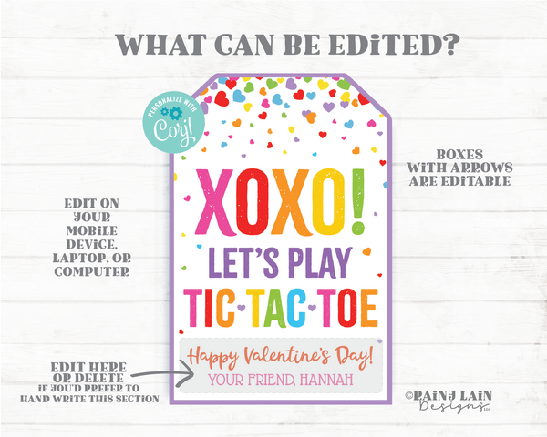 Tic Tac Toe Valentine, Tic-Tac-Toe Valentine Tags, XOXO Tags, Game, Preschool Classroom Kids Valentines Printable Non-Candy Valentine Tag