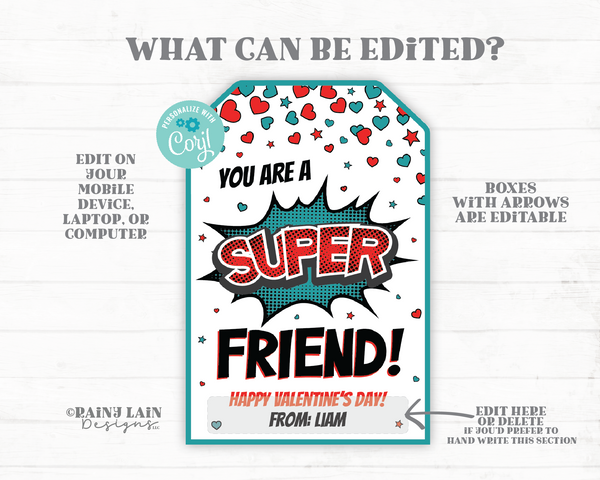 Superhero Valentine, Super Friend, Boys Class Valentine, Super Valentine Tag, Comic, Preschool, Classroom Exchange, Printable Kids Non-Candy