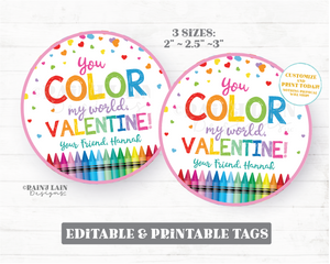 Crayons Valentine, Color my World Valentine's Day Tag, Coloring Book Gift, Preschool, Classroom, Printable, Kids Non-Candy Editable