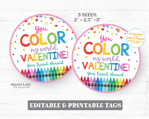 Crayons Valentine, Color my World Valentine's Day Tag, Coloring Book Gift, Preschool, Classroom, Printable, Kids Non-Candy Editable