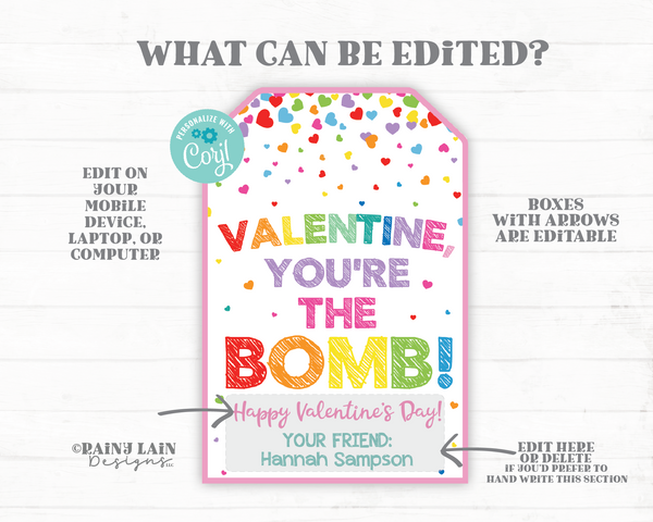 You are the Bomb Valentine, You're the Bomb Tag, Bath Bomb Valentine, Preschool Valentines Classroom Printable Kids Non-Candy Valentine Tag