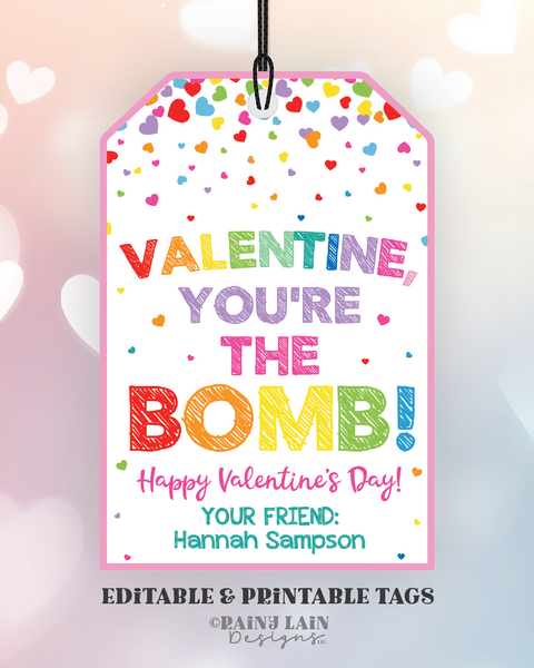 You are the Bomb Valentine, You're the Bomb Tag, Bath Bomb Valentine, Preschool Valentines Classroom Printable Kids Non-Candy Valentine Tag