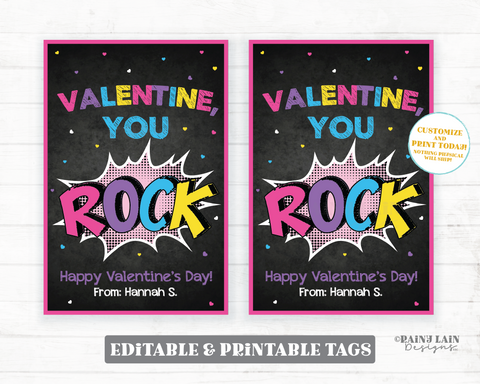 You Rock Valentine, Girl Superhero, Rocks Valentine, Pop, Chalkboard Preschool Valentines Classroom Printable Kids Non-Candy Valentine Tags