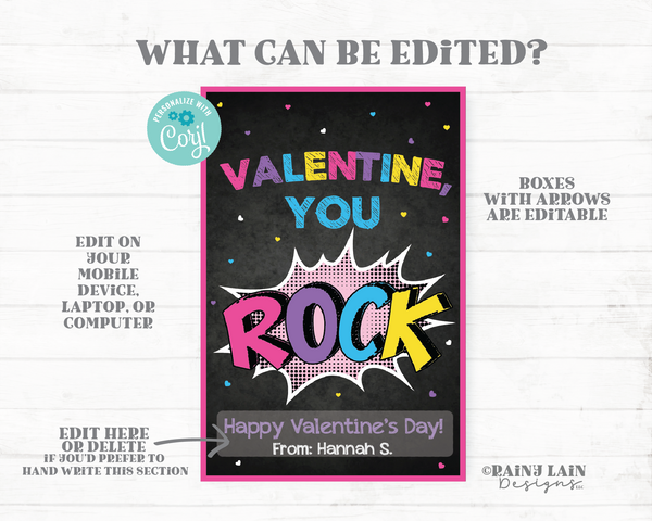 You Rock Valentine, Girl Superhero, Rocks Valentine, Pop, Chalkboard Preschool Valentines Classroom Printable Kids Non-Candy Valentine Tags