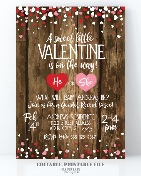 Valentine's Day Gender Reveal Invitation, Valentine Gender Reveal Invite, Little Valentine is on the Way, He or She, Sweetheart, Rustic Wood