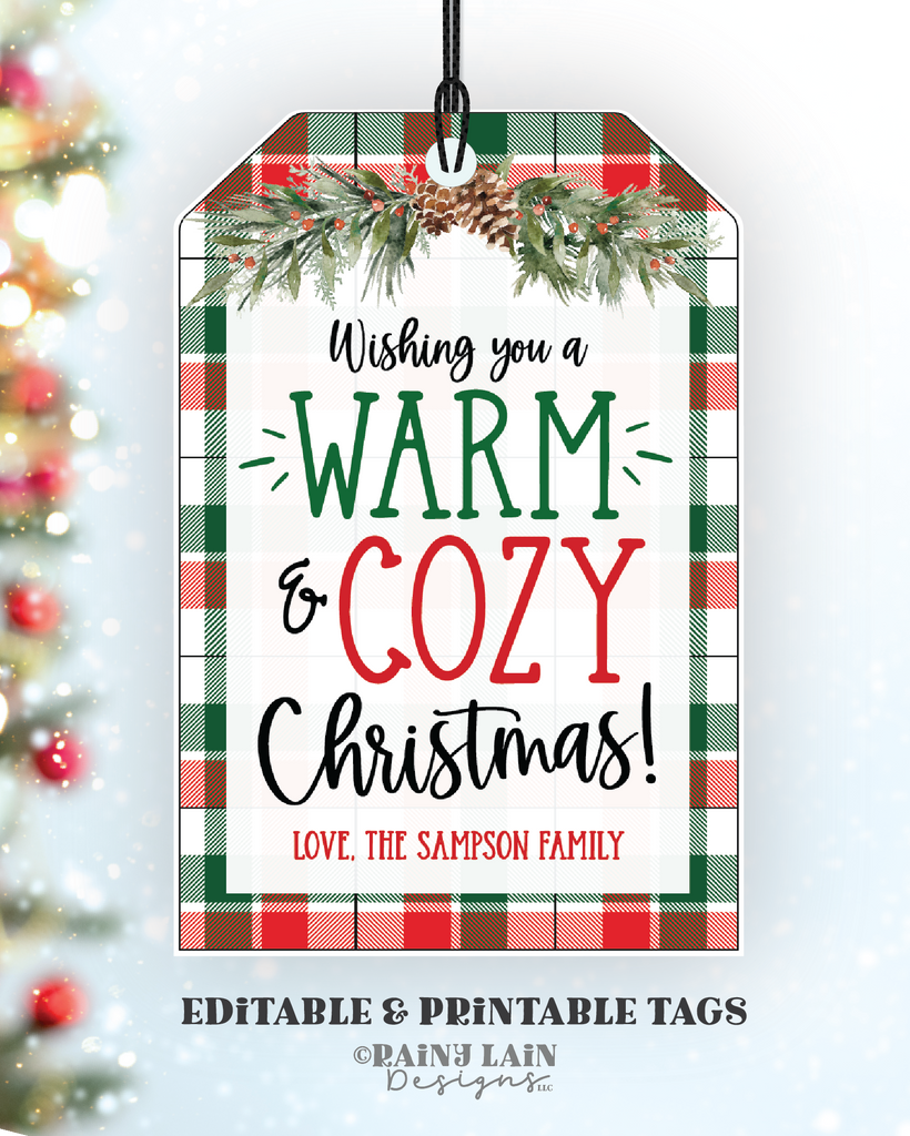 warmandcozychristmas plaid image wishing you a warm and cozy christmas tag, editable holiday gift