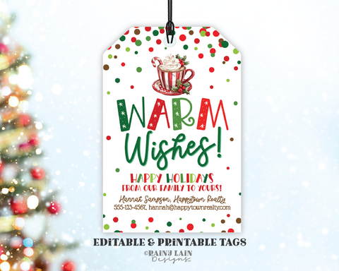 Christmas Warm Wishes Realtor Gift Tag, Editable Hot Chocolate Pop By Template, Treat, Client, Customer, Real Estate, Home Health, Marketing