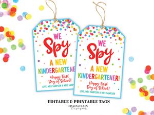 First Day of School Student Gifts from Teacher, I Spy a New Kindergartener, Back to School Editable Gift Tag, Gift Tag for Student