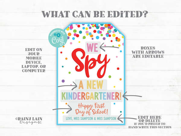 First Day of School Student Gifts from Teacher, I Spy a New Kindergartener, Back to School Editable Gift Tag, Gift Tag for Student