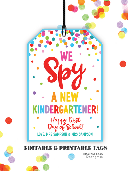 First Day of School Student Gifts from Teacher, I Spy a New Kindergartener, Back to School Editable Gift Tag, Gift Tag for Student