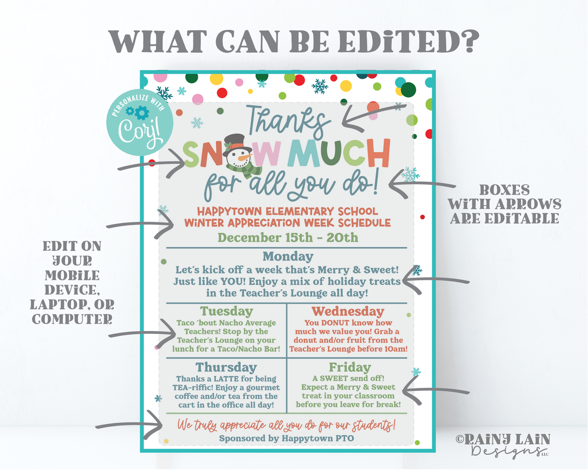 Editable Holiday Appreciation Week Schedule, Printable Snow Much, Snow ...