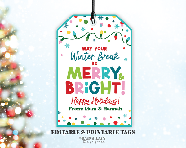 May Your Winter Break be Merry and Bright Tag, Christmas Gift, Holiday Favor, Teacher, School, Student, Editable Download Printable, PTO