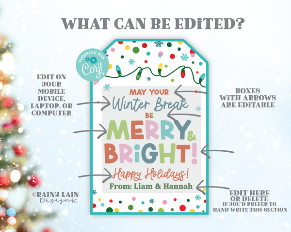 May Your Winter Break be Merry and Bright Tag, Christmas Gift, Holiday Favor, Teacher, School, Student, Editable Download Printable, PTO