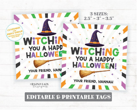 Editable Halloween Treat Tag, Witching You A Happy Halloween Gift, Witch Favor Tag, Printable, Digital Download, Student, Teacher, Classmate