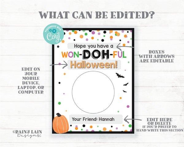 WonDOHful Halloween Card Play dough Halloween Gift Doh Student From Teacher Favor Playdough Editable Classmate Classroom Preschool