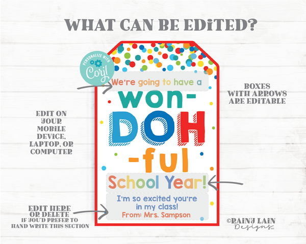 WonDOHful School Year Tag Play dough Playdough Editable First Day of School 1st Back to School Gift Doh Classroom Student From Teacher Favor