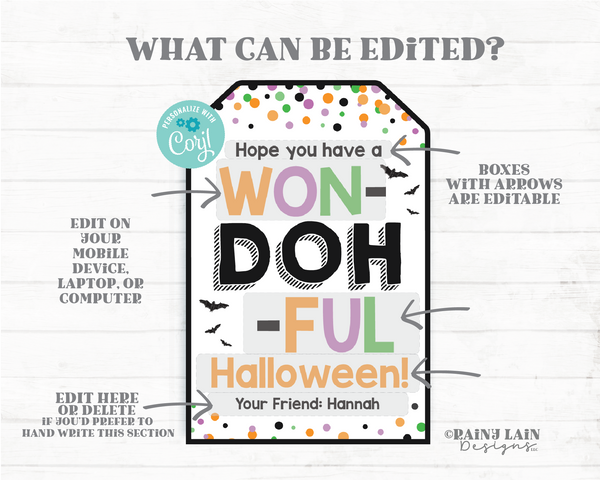 Editable WonDOHful Halloween Tag Play dough Playdough Halloween Gift Student From Teacher Classmate Doh Classroom Preschool