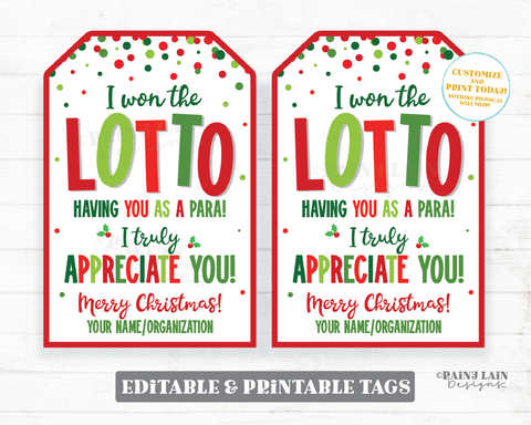 Editable Won the Lotto Tag Appreciate You Christmas Paraeducator Para Teacher CoWorker Staff Lottery Ticket Holiday Scratcher Gift