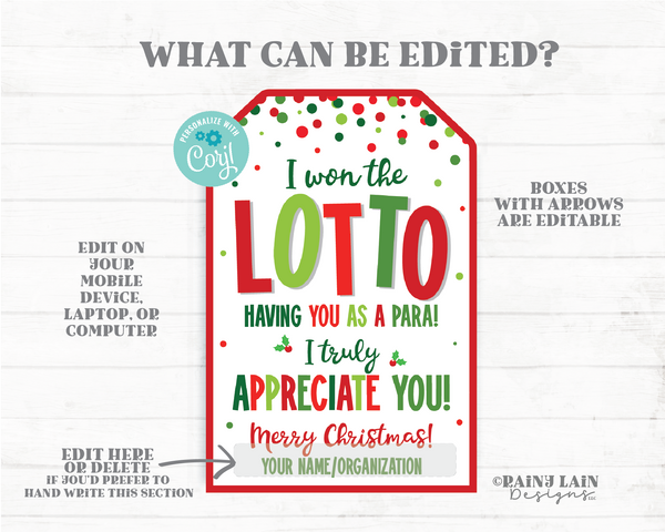 Editable Won the Lotto Tag Appreciate You Christmas Paraeducator Para Teacher CoWorker Staff Lottery Ticket Holiday Scratcher Gift