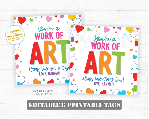 Art Valentine, Work of Art Valentine's Day Gift Tag, To Student from Teacher, Paint, Crayons, Coloring, Printable, Kids, Non-Candy, Editable
