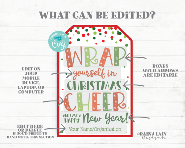 Wrap Yourself in Christmas Cheer Happy New Year Gift Tag Holiday Blanket Throw Wrapping Paper Client Realtor Staff Teacher Editable