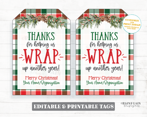 Thanks for helping Wrap Up another year Tag Printable Christmas Gift Editable Holiday Wrapping Paper Client Realtor Staff Plaid Teacher PTO