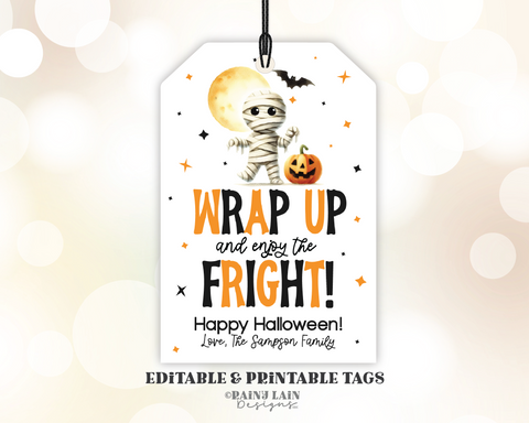 Editable Halloween Gift Tag, Teacher Throw Blanket, Mummy, Wrap Up and Enjoy the Fright, School Staff Co-Worker, Scarf, Digital Download