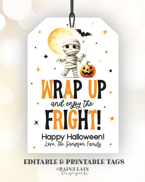 Editable Halloween Gift Tag, Teacher Throw Blanket, Mummy, Wrap Up and Enjoy the Fright, School Staff Co-Worker, Scarf, Digital Download