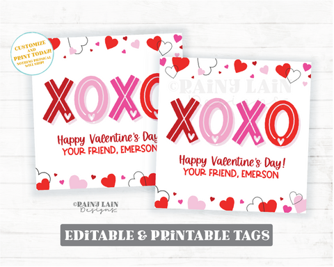 XOXO Valentine Tag, Simple Valentine's Day Gift Tag, Teacher, Co-Worker, Friend, Classroom, Student, Printable, Kids Non-Candy, Editable