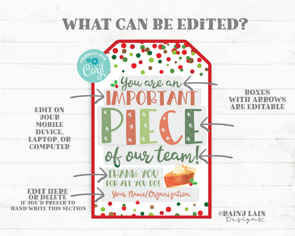 You are an important piece of our team Christmas Pie Tag Holiday Appreciation Gift Employee Company Staff Teacher Pumpkin PTO