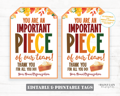 You are an important piece of our team Pie Tag Fall Leaves Appreciation Gift Autumn Thanksgiving Employee Company Staff Teacher Pumpkin