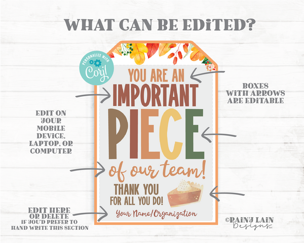 You are an important piece of our team Pie Tag Fall Leaves Appreciation Gift Autumn Thanksgiving Employee Company Staff Teacher Pumpkin