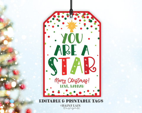Editable You are a Star Gift Tag Printable Christmas Appreciation, Employee Co-Worker Student Teacher Friend Principal Thank you