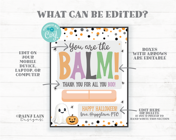 You're the Balm Card, Editable Halloween Lip Balm Gift Tag, Fall Appreciation, Chapstick, Chappy Halloween, Teacher Staff Co-Worker PTO PTA