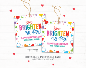 You Brighten My Day Valentine, Sunglasses Tag, Editable Square Glow Stick, Non-Candy Gift Preschool Classroom Printable Digital Download