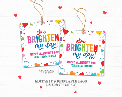 You Brighten My Day Valentine, Sunglasses Tag, Editable Square Glow Stick, Non-Candy Gift Preschool Classroom Printable Digital Download