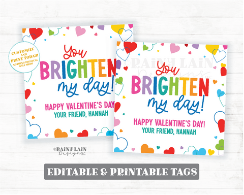 You Brighten My Day Valentine, Sunglasses Tag, Editable Square Glow Stick, Non-Candy Gift Preschool Classroom Printable Digital Download