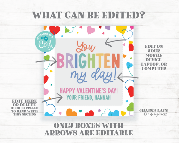 You Brighten My Day Valentine, Sunglasses Tag, Editable Square Glow Stick, Non-Candy Gift Preschool Classroom Printable Digital Download