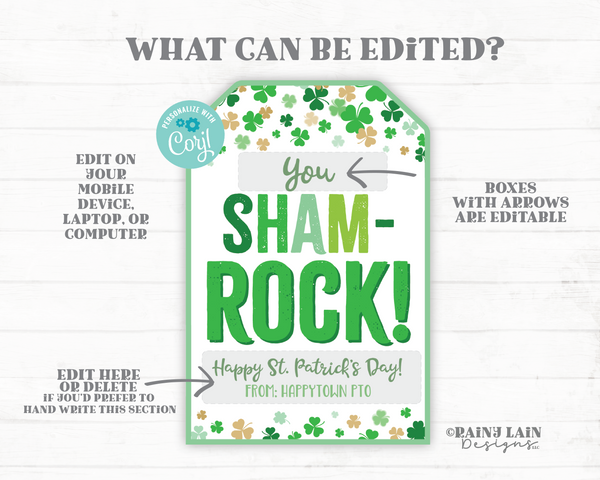 You Sham-ROCK Tag St Patrick's Day Gift St Patty's Shamrock Appreciation Thank You Favor Tag Teacher Staff Employee School PTO Classroom