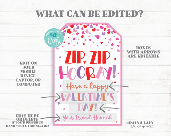 Zip Zip Hooray Tag Zip Bracelet Valentine Fidget Valentine's Day Zipper Gift Printable Kids Preschool Classroom Non-Candy Editable