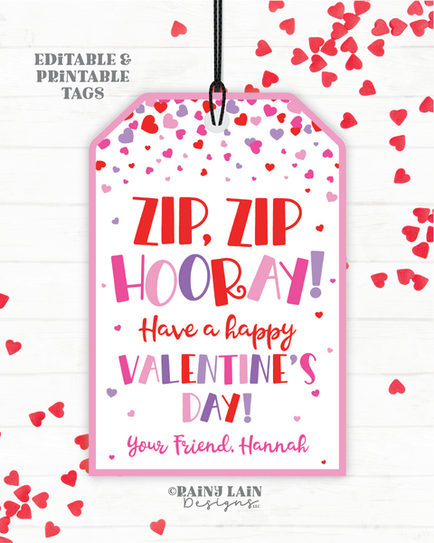 Zip Zip Hooray Tag Zip Bracelet Valentine Fidget Valentine's Day Zipper Gift Printable Kids Preschool Classroom Non-Candy Editable