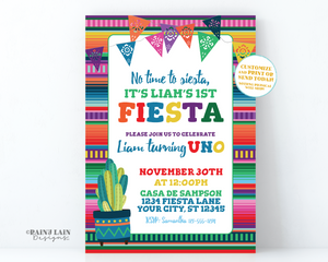 First Fiesta Invitation Printable 1st Fiesta Uno Mexican Fiesta Template Birthday Editable Fiesta Serape Cactus No time to Siesta