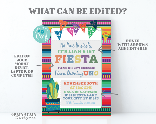 First Fiesta Invitation Printable 1st Fiesta Uno Mexican Fiesta Template Birthday Editable Fiesta Serape Cactus No time to Siesta
