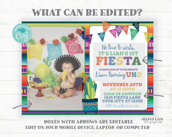 First Fiesta Invitations Printable First Fiesta Invite with Photo Uno Mexican Fiesta Template 1st Birthday First Editable Fiesta Party Ideas