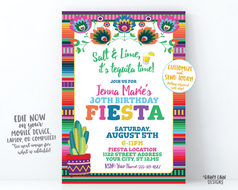 30th Birthday Fiesta Invitation 30th Fiesta Invitation Salt and Lime It's Tequila Time Dirty Thirty 30th Birthday Cactus Tequila Invite