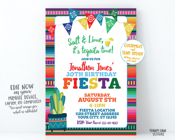 30th Fiesta Invitation Salt and Lime It's Tequila Time 30th Birthday Fiesta Invite Dirty Thirty 40th Birthday Cactus Tequila Invite Adult