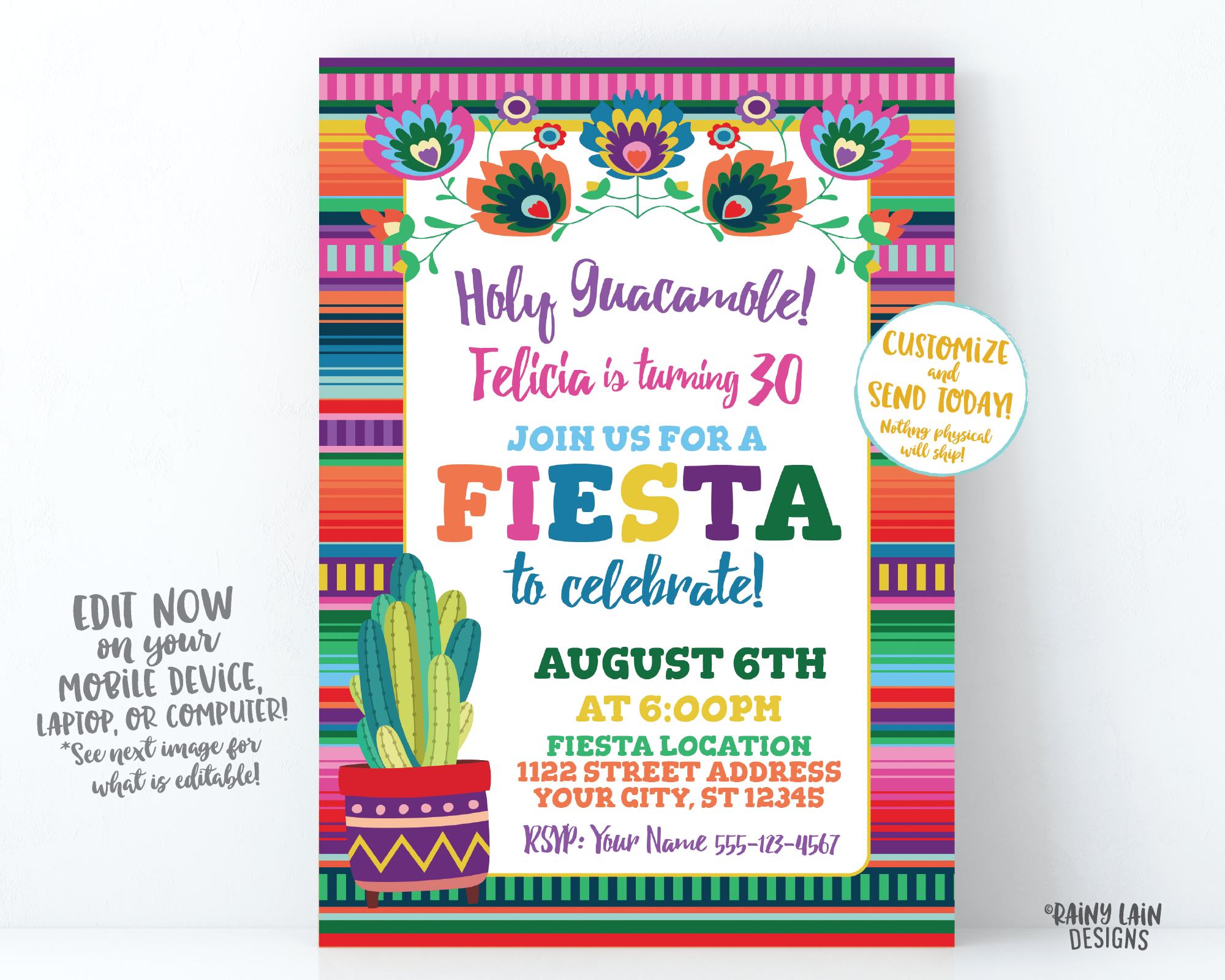 Fiesta Pattern Invite Fiesta Birthday Invitation Printable Fiesta Invite Mexican Fiesta Sera ...