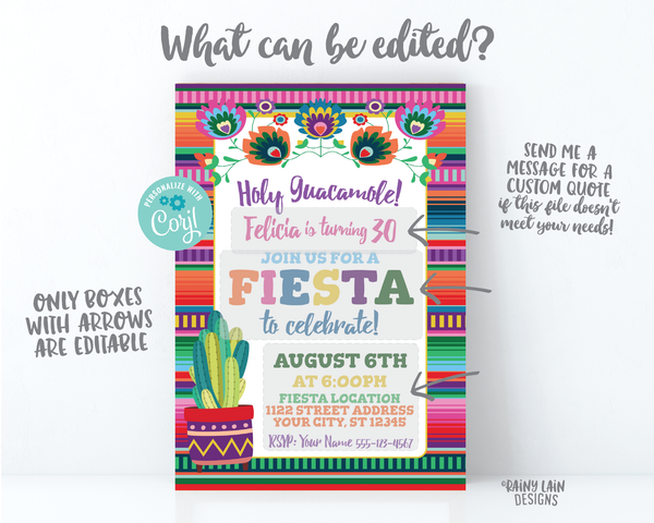 Fiesta Birthday Invitation Printable Fiesta Invite Mexican Fiesta Serape Holy Guacamole Cactus Adult 30th Birthday 1st Fiesta 40th 50th 21st